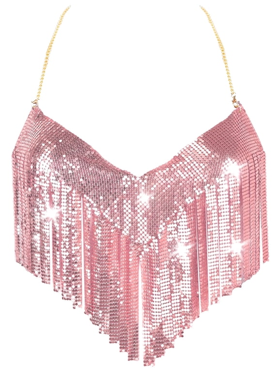 Womens Metallic Sparkly Halter Fringe Chain Top Glitter Sequin Crop Tank Adjustable Backless Cami Shirt V Neck Vest Festival Rave Club Outfits with a pair of Sticky Bra Rose gold