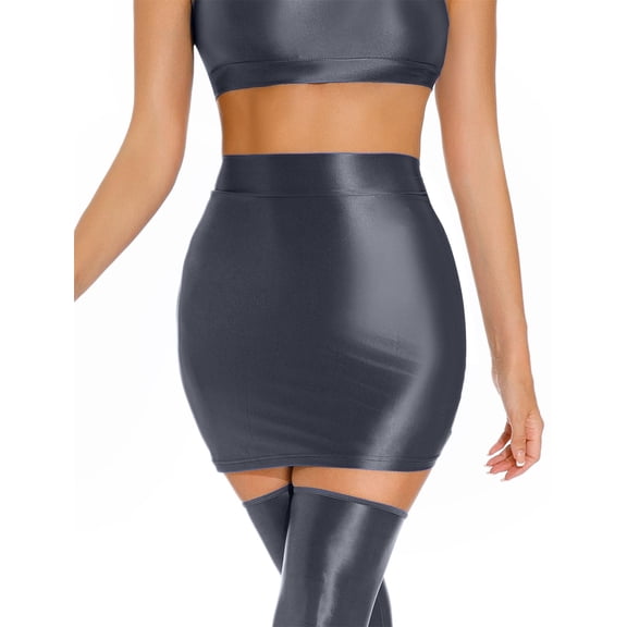 Aivtalk Womens Oil Glossy Skirts Metalic Shiny Liquid Bodycon Mini Bandage Skirt Tight Hip See Through Pencil Skirt Stretchy Seamless Smooth High Waist Slim Fit Nightclub Outfit Gray L
