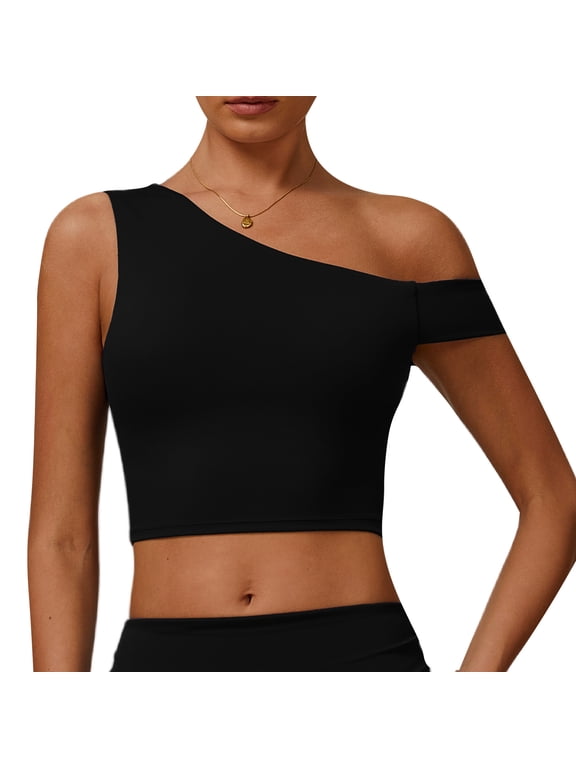 Womens One Shoulder Sports Bra Longline Workout Bralette Low Impact Padded Butterluxe Yoga Tops Built in Bra Support Wirefree Asymmetrical Cropped Tank Black L