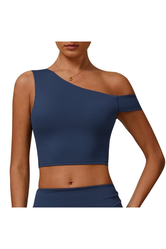 Womens One Shoulder Sports Bra Longline Workout Bralette Low Impact Padded Butterluxe Yoga Tops Built in Bra Support Wirefree Asymmetrical Cropped Tank Blue L
