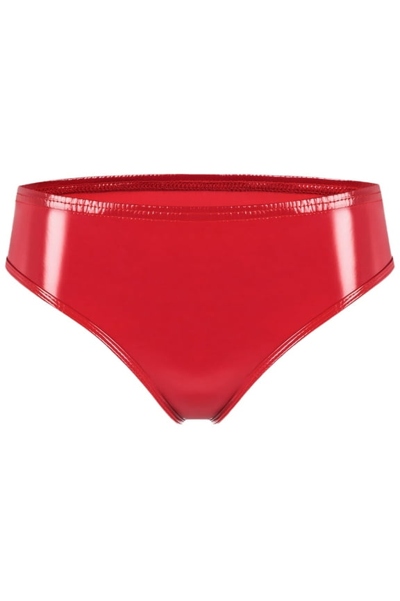 Womens PU Leather Booty Shorts Shiny Metallic Panties Wet Look Brief Rave Bottom Stretchy High Cut Low Rise Bikini Panty for Festival Clubwear Dancing Red 3XL