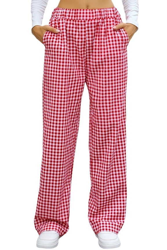 Womens Pajama Pants Cotton Striped Gingham Lounge Boxer Pant PJ Bottoms Casual Plaid Y2K Beach VacationTrousers with Pockets Red S
