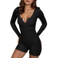 thumbnail image 1 of Aivtalk Womens Pajama Romper Ribbed Sexy Sleepwear One Piece Button Down Front Jumpsuit Shorts Bodycon Long Sleeve Knitted Bodysuit Unitard V Neck Y2k Workout Set Overall Outfit Black L, 1 of 7