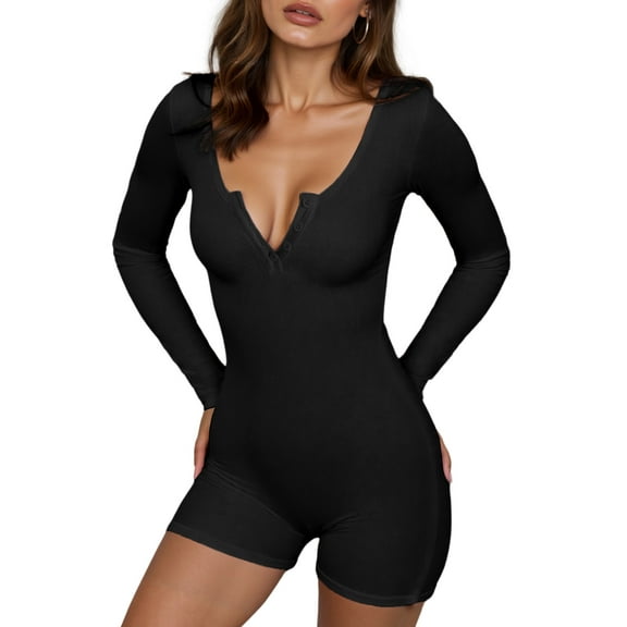 Aivtalk Womens Pajama Romper Ribbed Sexy Sleepwear One Piece Button Down Front Jumpsuit Shorts Bodycon Long Sleeve Knitted Bodysuit Unitard V Neck Y2k Workout Set Overall Outfit Black L