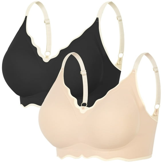 Aivtalk Womens Seamless Bras Wireless Bralettes Push Up No Underwire Full Coverage Scalloped T-Shirt Bra Adjustable Straps Comfortable Padded Smoothing Deep V Wavy Everyday Bra 2pc Black&Nude 2XL