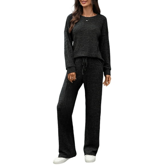 Aivtalk Womens Sets 2 Piece Matching Lounge Set Ribbed Knit Long Sleeve Pajamas Fall Winter Sleepwear Casual Pj Outfit Clothing Black XL