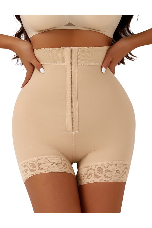 Womens Shapewear Boyshorts Butt Lifting Tummy Control Fajas Colombianas Hip Enhancer Compression Underwear Waist Cincher Hook Closur High Waisted Lace Trim Shaper Shorts Nude L