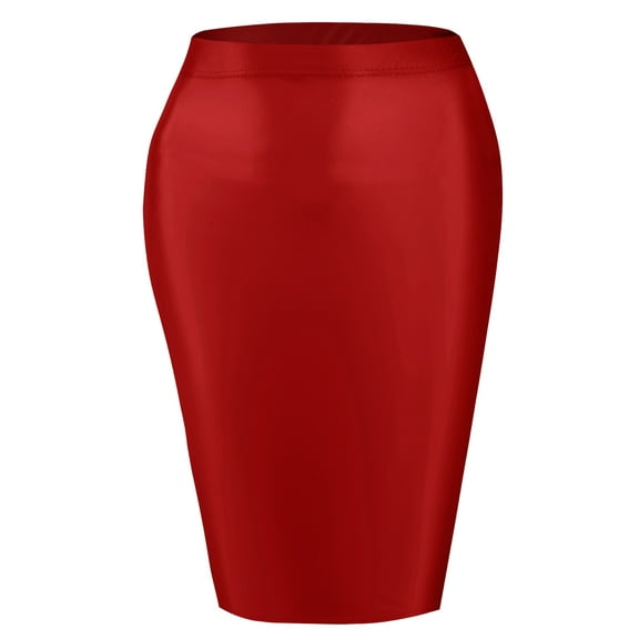 Aivtalk Womens Skirts Bodycon Oil Shiny Smooth Glossy Pencil Skirts Sheer Hip Shape Tight High Waisted Stretchy Club Wear Burgundy L