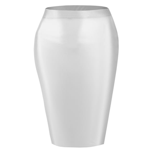 Aivtalk Womens Skirts Bodycon Oil Shiny Smooth Glossy Pencil Skirts Sheer Hip Shape Tight High Waisted Stretchy Club Wear White L