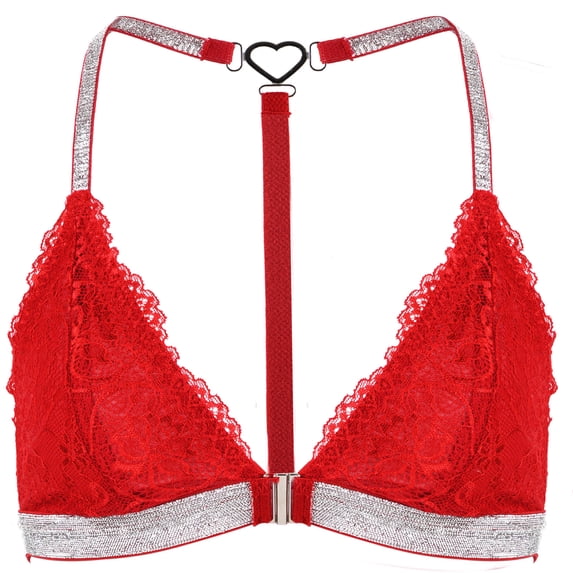 Aivtalk Womens Sparkly Bedazzled Bras Lace Wireless Lightly Lined Triangle Bralettes Ladies Front Closure Racerback Lingerie Red M