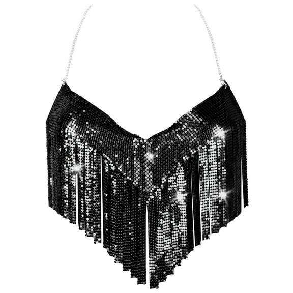 Aivtalk Womens Sparkly Tassel Halter Tops Backless Fringe Chain Vest Glitter Sequin Crop Tank Adjustable V Neck Cami Shirt Festival Rave Club Outfits with a pair of Sticky Bra Black