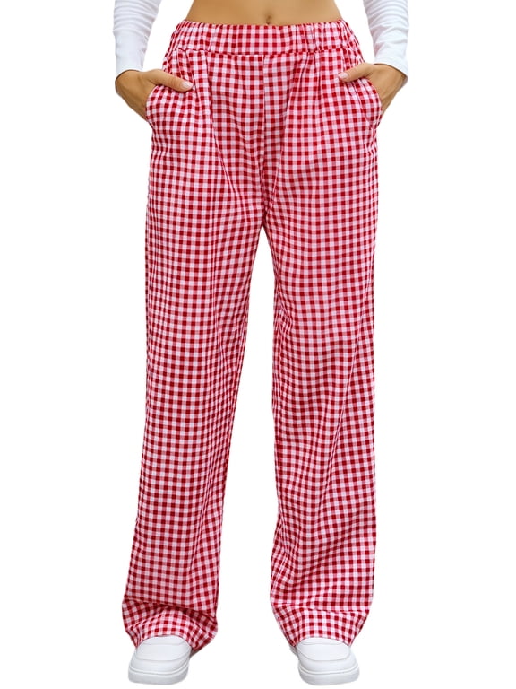 Womens Striped Gingham Pants Cotton Pajama Lounge Boxer Pants Casual Plaid Pj Bottoms Y2K Beach VacationTrousers with Pockets Red 2XL