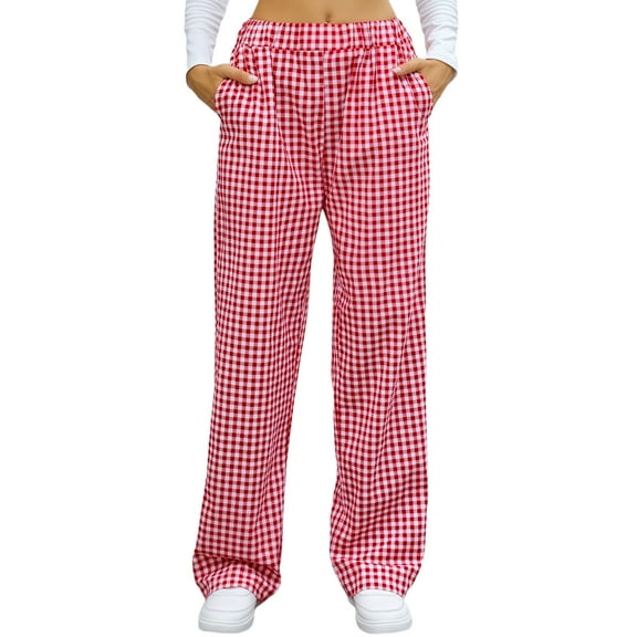 Aivtalk Womens Striped Gingham Pants Cotton Pajama Lounge Boxer Pants Casual Plaid Pj Bottoms Y2K Beach VacationTrousers with Pockets Red M