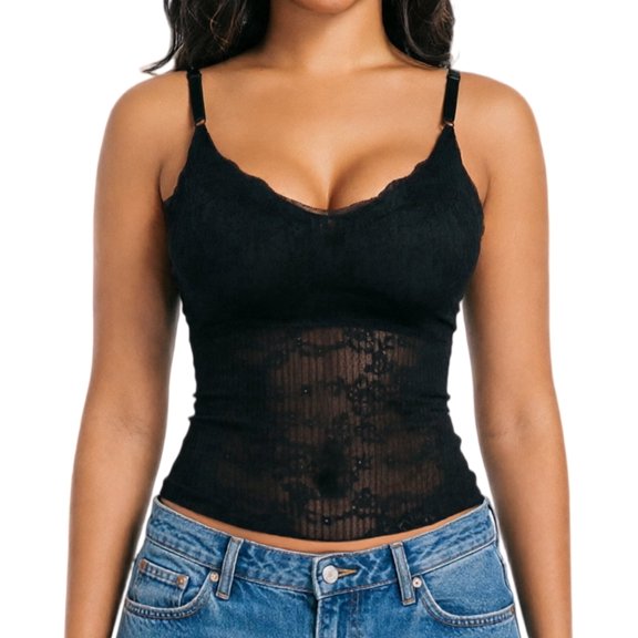 Aivtalk Womens V Neck Lace Camisoles Ladies Spaghetti Straps Seamless Cami Tank Slim Fitted Going Out Top Vest with Paded XL Black