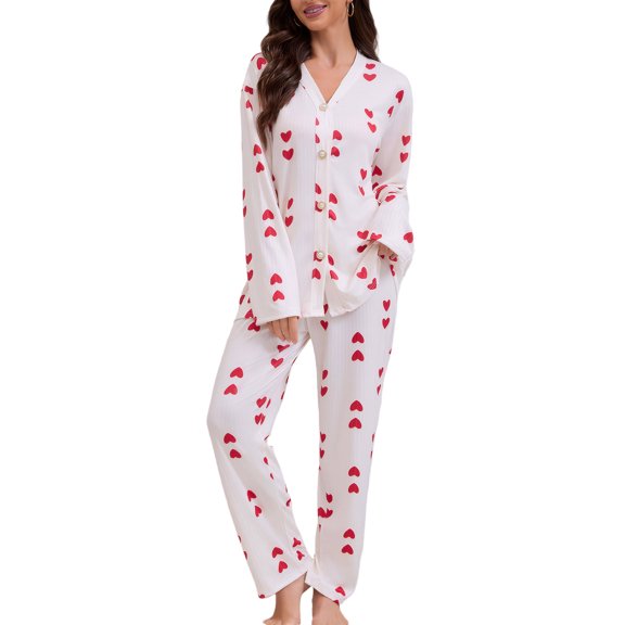 Aivtalk Womens Valentine's Day Pajamas Sets Matching Top Pants PJs Sets Long Sleeve Full-Length Bottom Cute Heart Print Button Down V Neck Loungewear Red XL