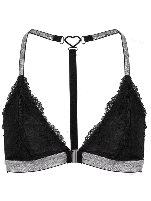 Womens Wireless Lace Bras Sparkly Bedazzled Lightly Lined Front Closure Bralettes Ladies Racerback Triangle Lingerie Black L