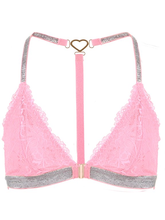 Womens Wireless Lace Bras Sparkly Bedazzled Lightly Lined Front Closure Bralettes Ladies Racerback Triangle Lingerie Pink L
