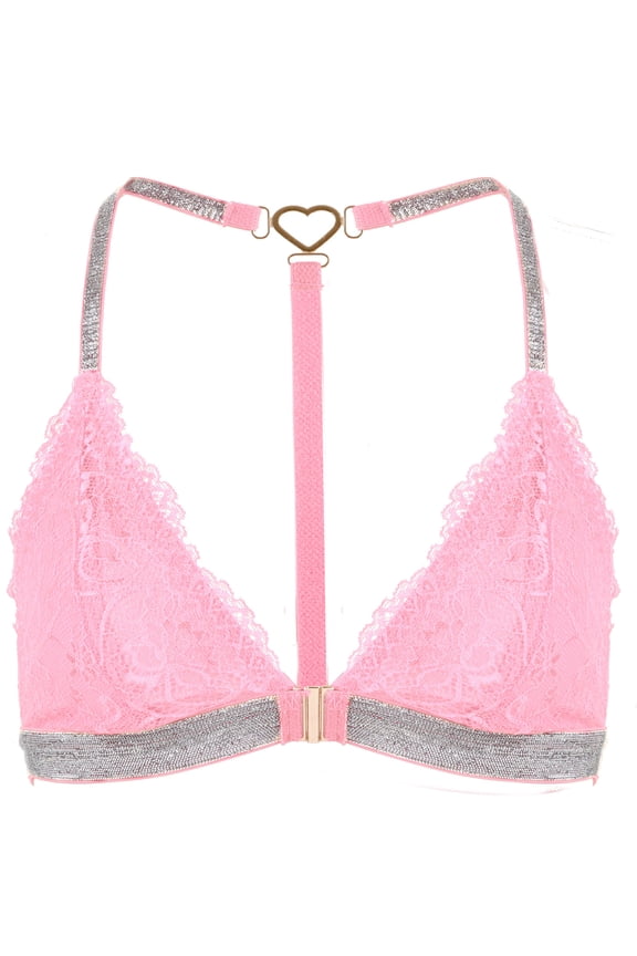 Womens Wireless Lace Bras Sparkly Bedazzled Lightly Lined Front Closure Bralettes Ladies Racerback Triangle Lingerie Pink L