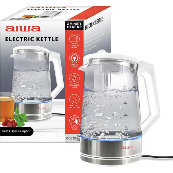 Aiwa 2-Liter Glass Electric Water Kettle, Cordless Hot Water Boiler with Auto-Shutoff, White