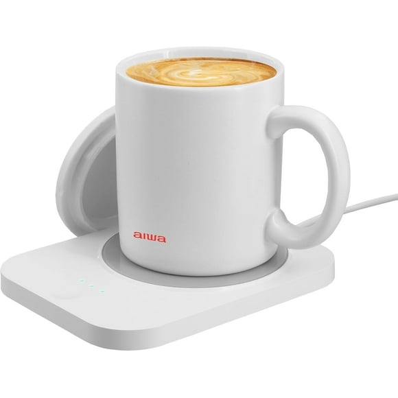 Aiwa 2-in-1 Smart Coffee Mug Warmer and 15W Wireless Phone Charger with Ceramic Mug and Lid, White