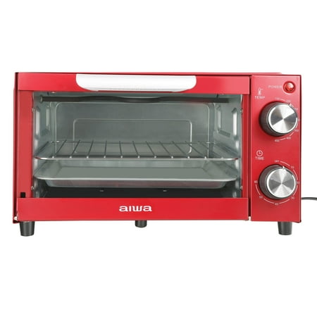 Aiwa 750W Red Toaster Oven 4 Slice with Baking Tray, Bake Toast Cook and Broil, Temperature Control, 60 Minute Timer Knob