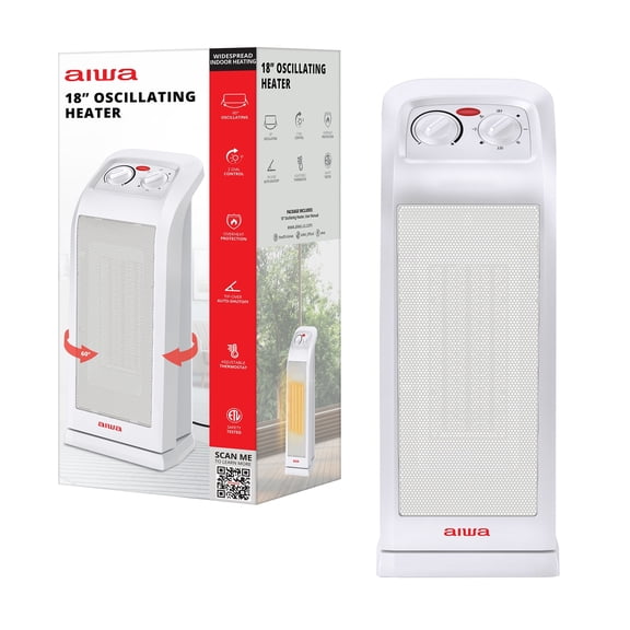 Aiwa Ceramic Space Heater, 1500W 18” Indoor 60° Oscillating Electric Tower Heater, High/Low/Fan Modes, Adjustable Thermostat, Overheat Protection & Tip-Over Auto-Shutoff, ETL Certified (White)