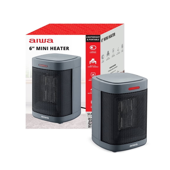 Aiwa Ceramic Space Heater, 500W Mini Portable Indoor Electric Heater with Handle, Easy Single Switch, Overheat Protection & Tip-Over Auto-Shutoff, ETL Certified, 6 ft UL Cord Gray