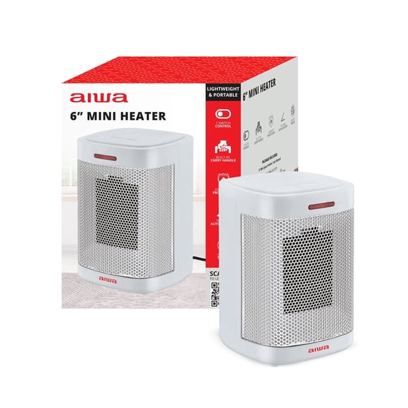 Aiwa Ceramic Space Heater, 500W Mini Portable Indoor Electric Heater with Handle, Easy Single Switch, Overheat Protection & Tip-Over Auto-Shutoff, ETL Certified, 6 ft UL Cord White