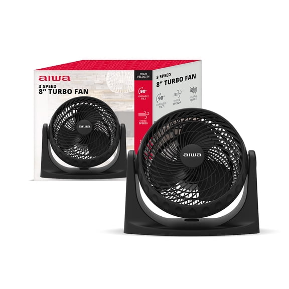 Aiwa Fan, 8 Inch Turbo Desk Fan for Home, 3 Speed Table Fan with USB-C Power Cable, 90 Degree Tilt, Ultra Quiet Air Circulator, Blacks