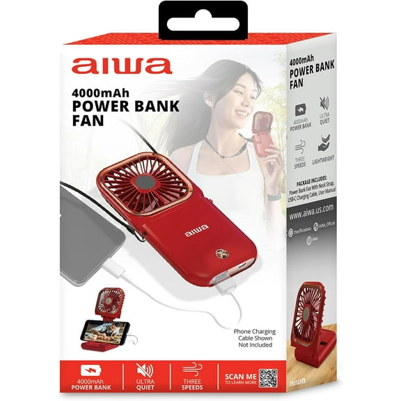 Aiwa Folding Necklace Fan and 4000mAh Power Bank with Lanyard and Phone Stand, Red