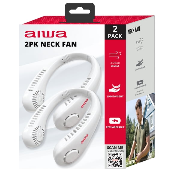 Aiwa Rechargeable Neck Fan, 2 Pack Wearable Portable Fan with 3 Speeds, USB-C Charging, Flexible Neckband, Lightweight Hands-Free Cooling, White