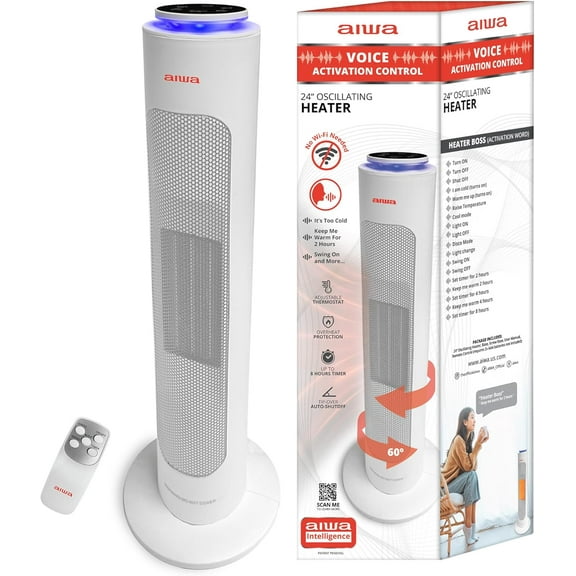 Aiwa Smart Space Heater, 24" Oscillating Portable Heater w/ Remote Control & Voice Activation, White