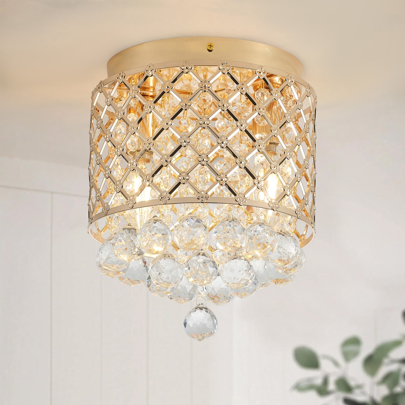 Aiwen 2-Light Brushed Gold Modern Ceiling Light with Crystal Glass Shades for Living Room Bedroom Foyer Hallway