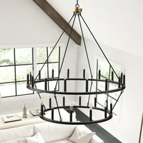 Aiwen 2 Tiers Round Industrial Oversize Wagon Wheel Chandelier, Matte Black Metal Ceiling Light