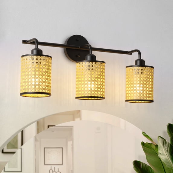Aiwen 3-Light Black Boho Woven Rattan Vanity Lights with Shades