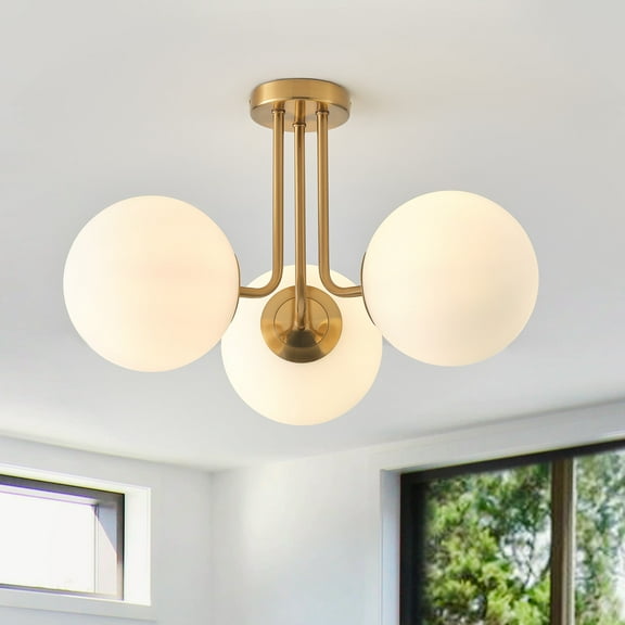 Aiwen 3-Light Brushed Gold Modern Creative Ceiling Light with Milky Glass Globe Shade for Living Room Bedroom Kitchen