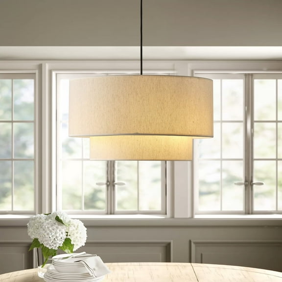 Aiwen 3-Light Modern 2-Tiered Pendant Light with Beige Linen Fabric Shade for Indoor Living Room Kitchen Island