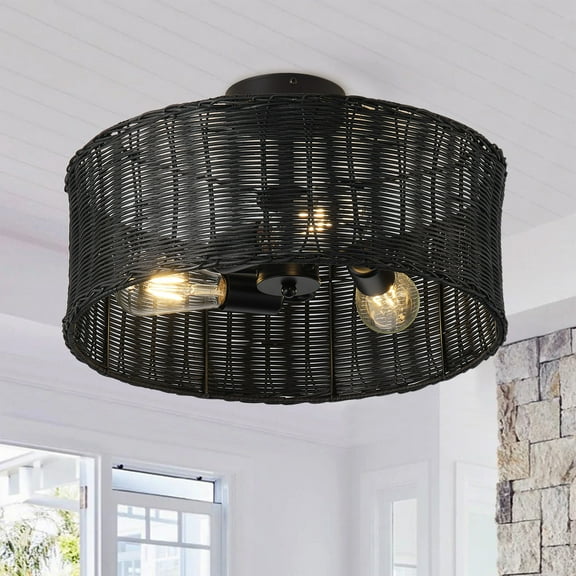 Aiwen 3-Light Modern Rattan Chandelier, Black Iron Cage Ceiling Light