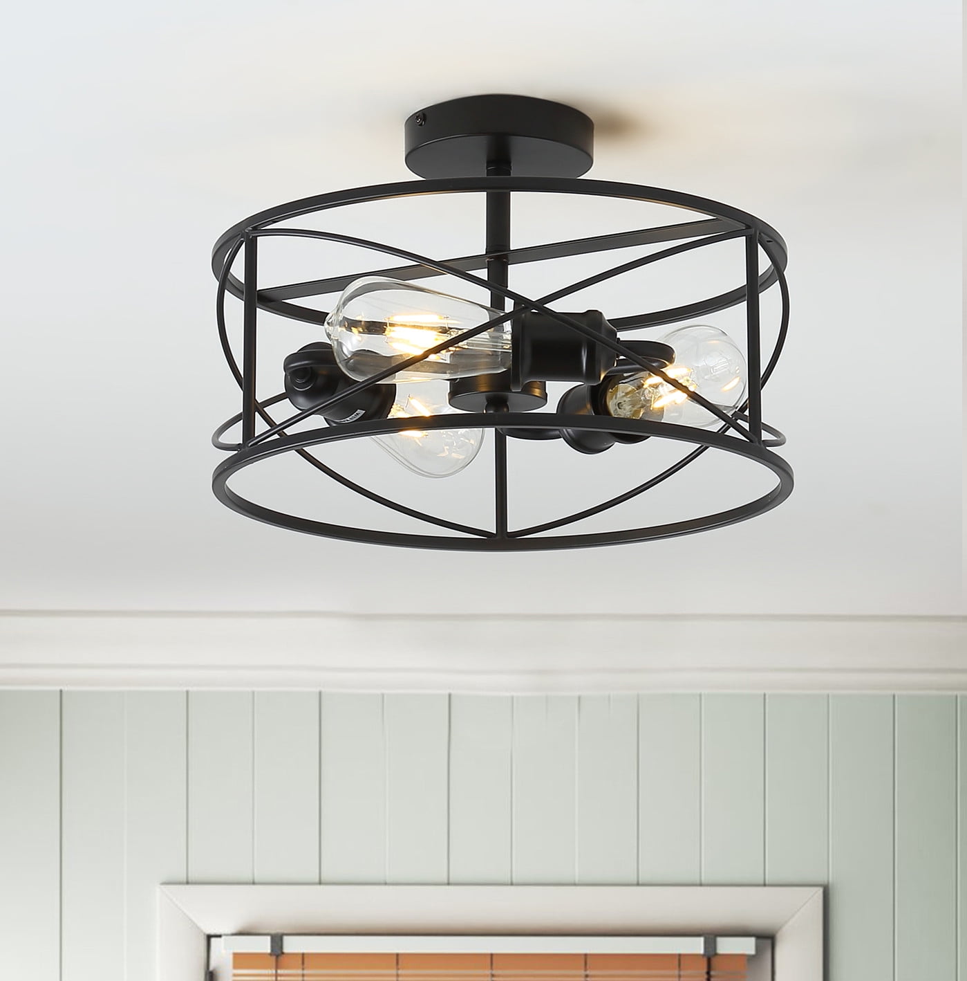 Black Metal Drum Cage 3-Light Flush Mount Ceiling Lamp