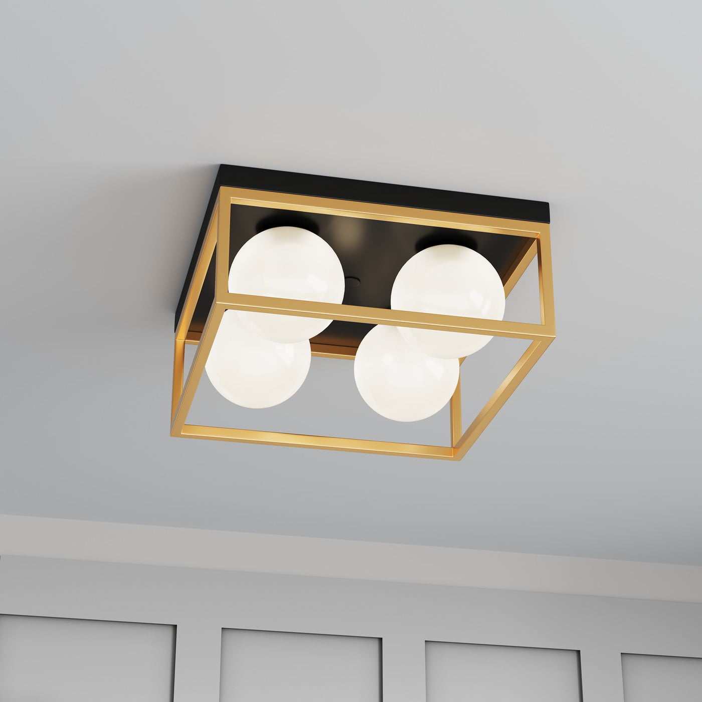 Aiwen 4 Light Flush Mount Ceiling Light Fixture Square Black Gold Cage Ceiling Lamp Fixture for Kitchen Entryway Hallway Bedrooms
