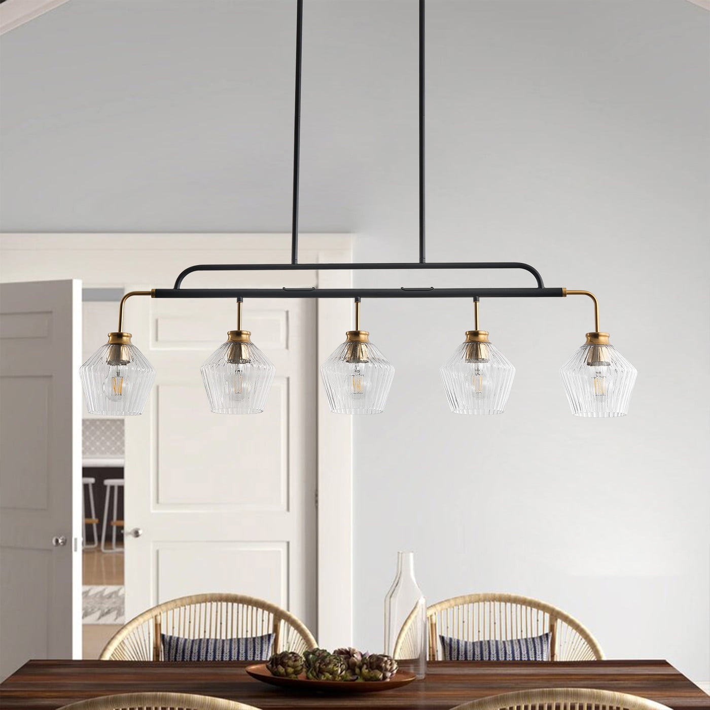 Aiwen 43 Inch 5-Light Linear Chandelier Over Kitchen Island, Matte Black Pendant Light Fixture for Kitchen Living Room