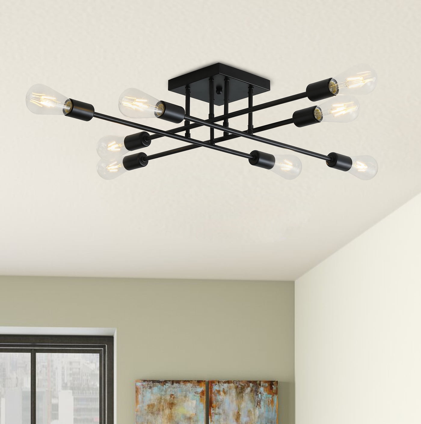 Black Iron 8-Light Modern Linear Sputnik Chandelier