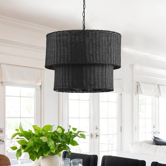 Aiwen Black 2-Tier Wicker Chandelier Rustic Pendant Light Fixture for Bedroom Foyer Kitchen Hallway