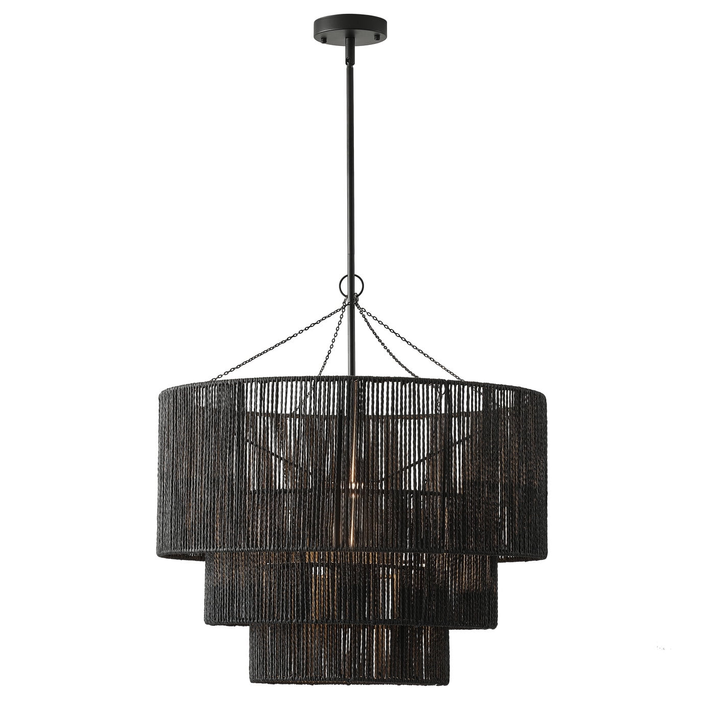 Black Tiered Metal and Rattan Pendant Light