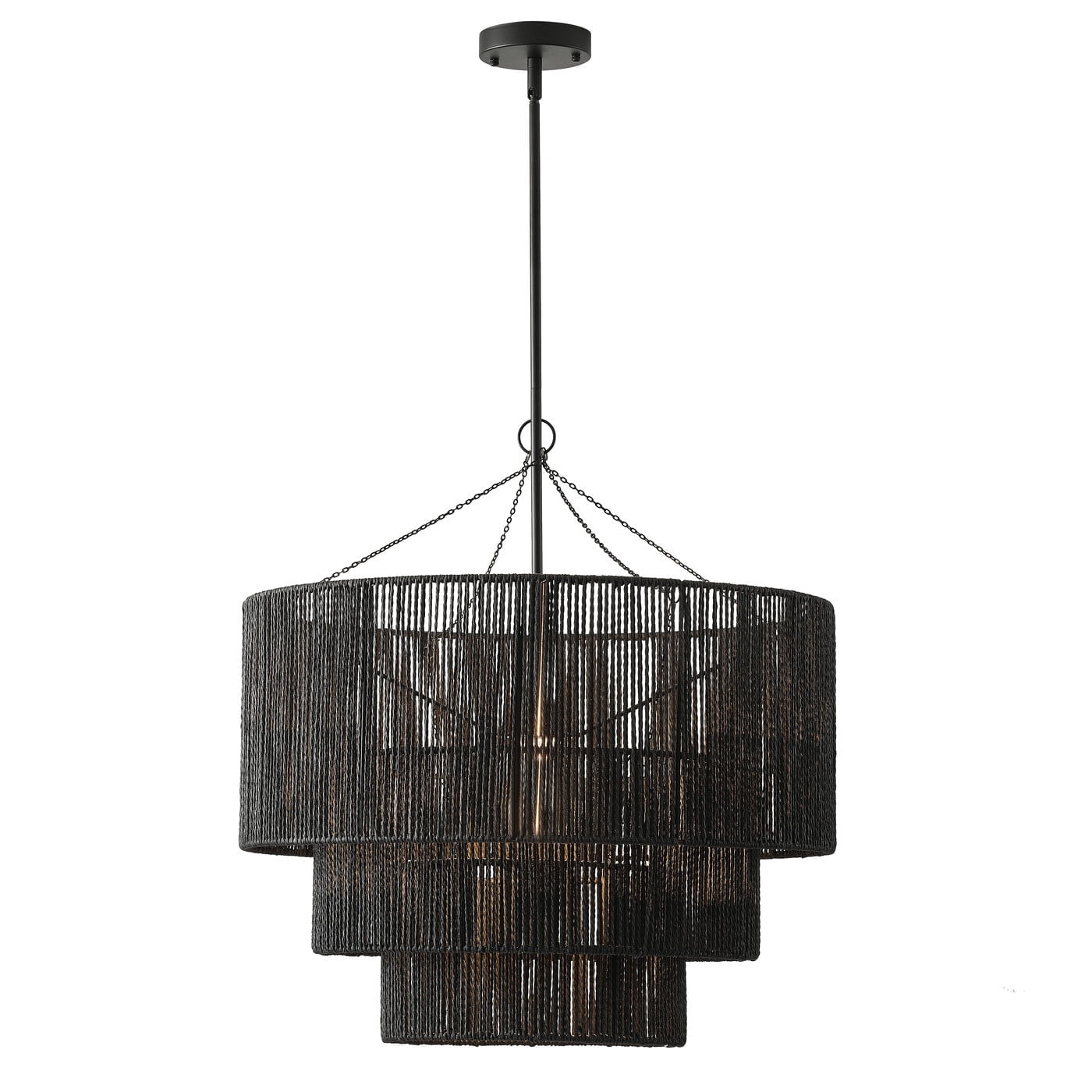 Black Tiered Metal and Rattan Pendant Light