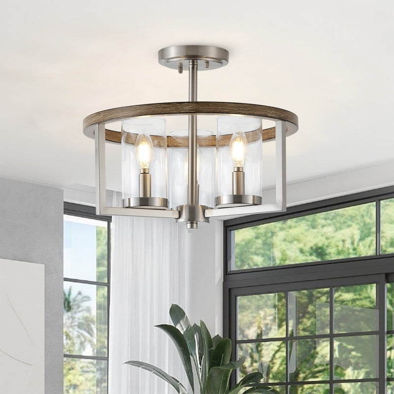Aiwen Farmhouse Semi Flush Mount Ceiling Light, 3-Light Nickle Ceiling Fixture with Clear Glass Shades for Dining Room, Living Room & Restaurant
