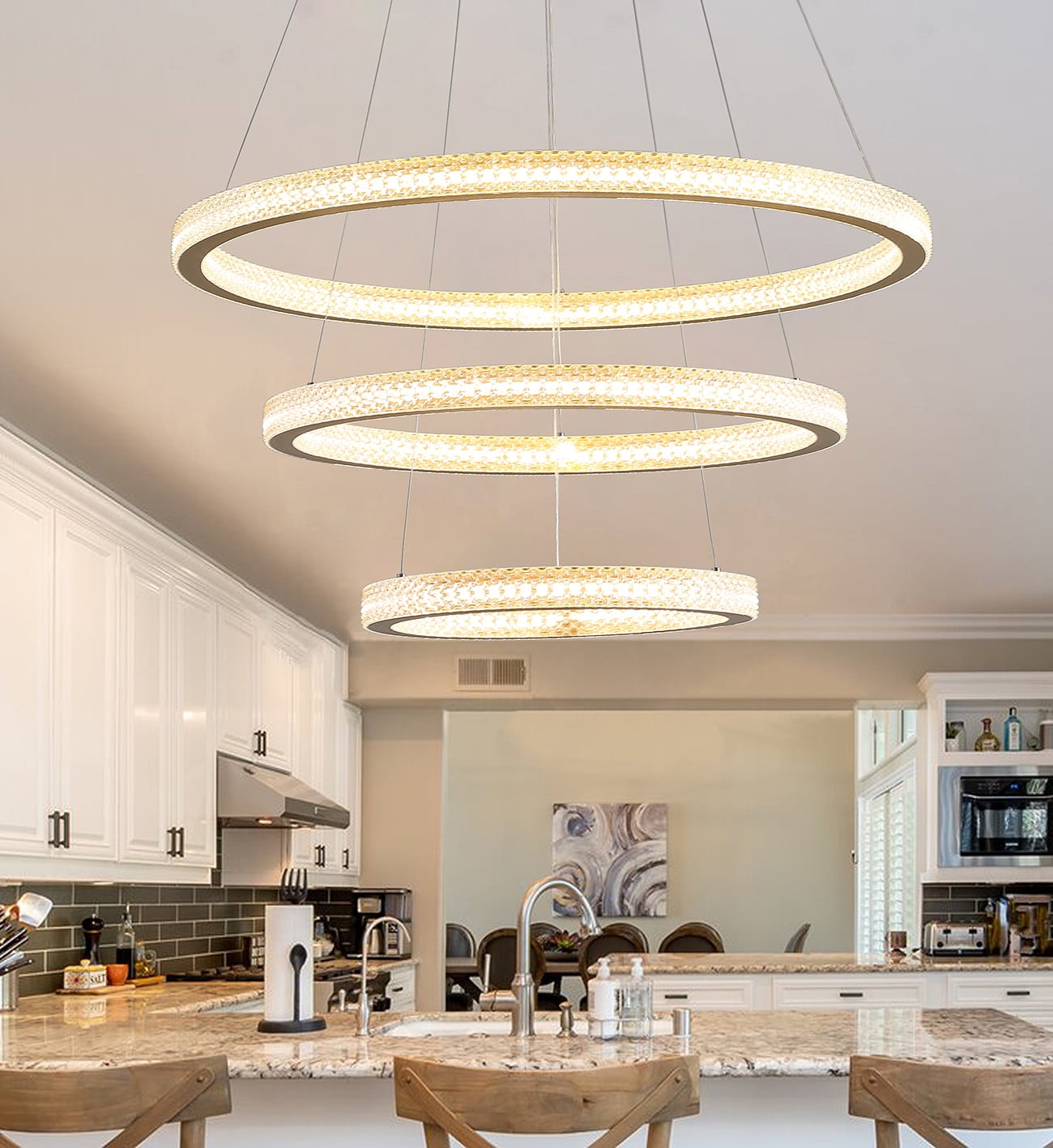 Aiwen Gold Finished 3 Tiered Crystal Rings Linear Chandelier Stylish Pendant Light