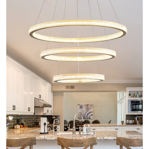 Aiwen Gold Finished 3 Tiered Crystal Rings Linear Chandelier Stylish Pendant Light