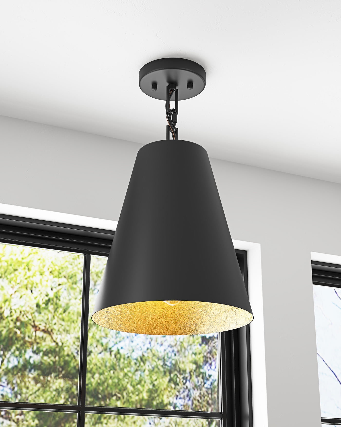 Aiwen Mid Century Semi Flush Mount Ceiling Light Black Cone Metal Shade Farmhouse Ceiling Lighting For Bedroom Kitchen Island Living Room Hallway