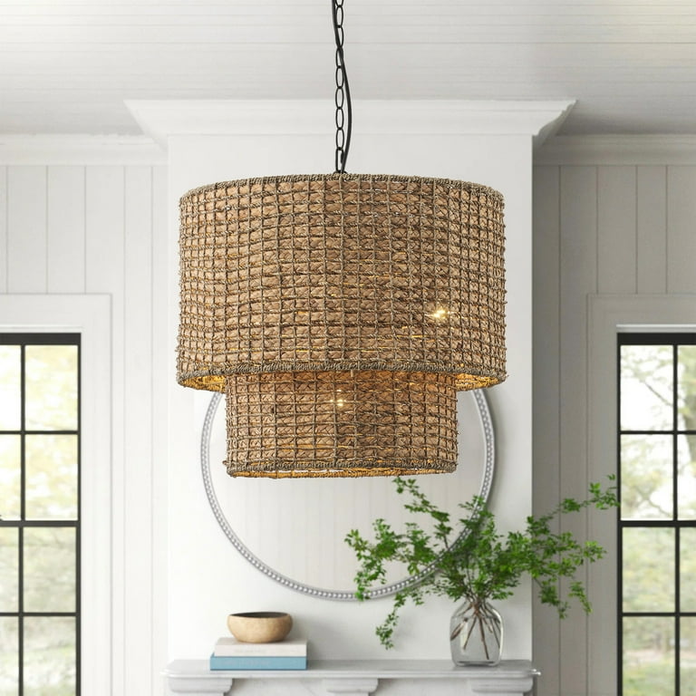 Adara 3-Light Matte Black Canopy with Natural Rattan on sale Shade Traditional Pendant